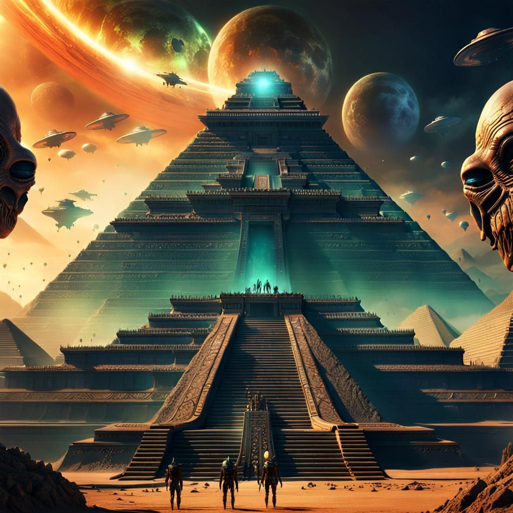 Aliens Land on Mayan Pyramid: Detailed Matte Painting