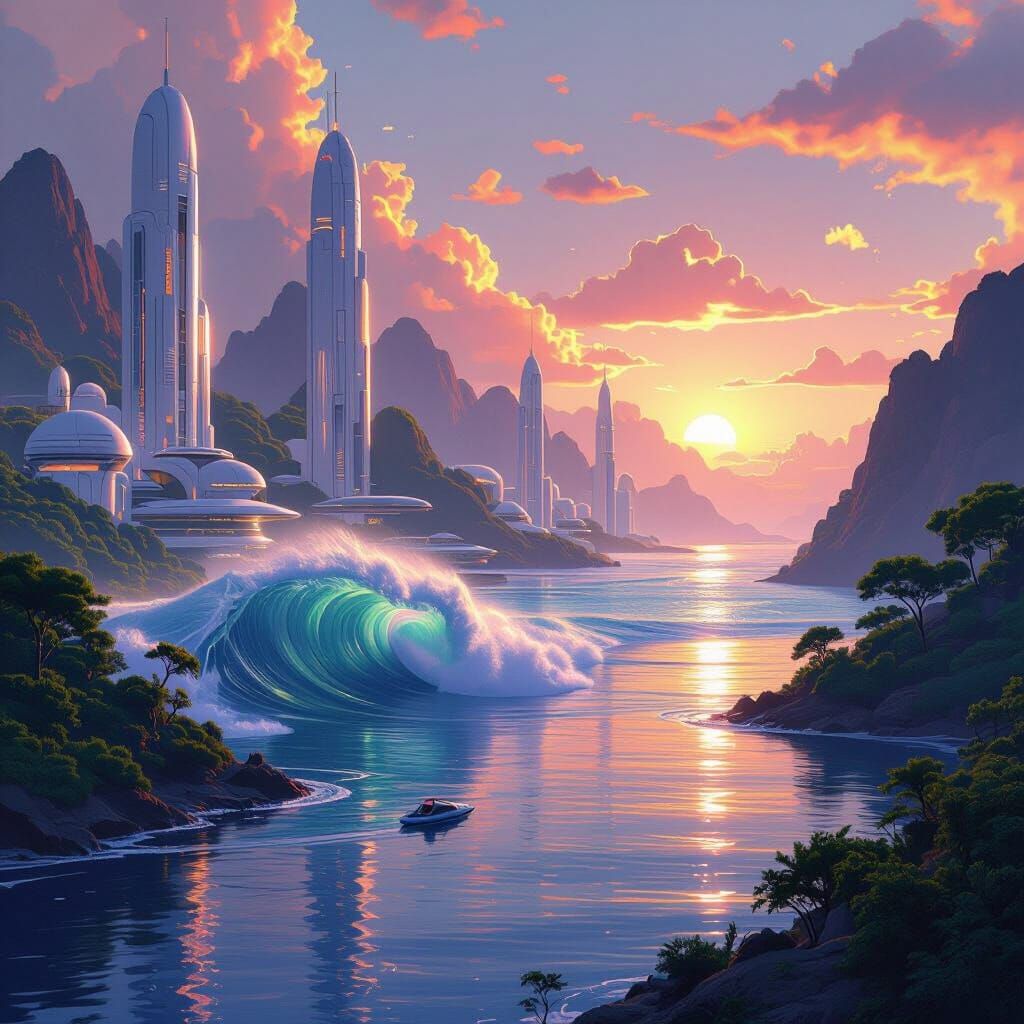 Utopian City with Waves in Futuristic Style