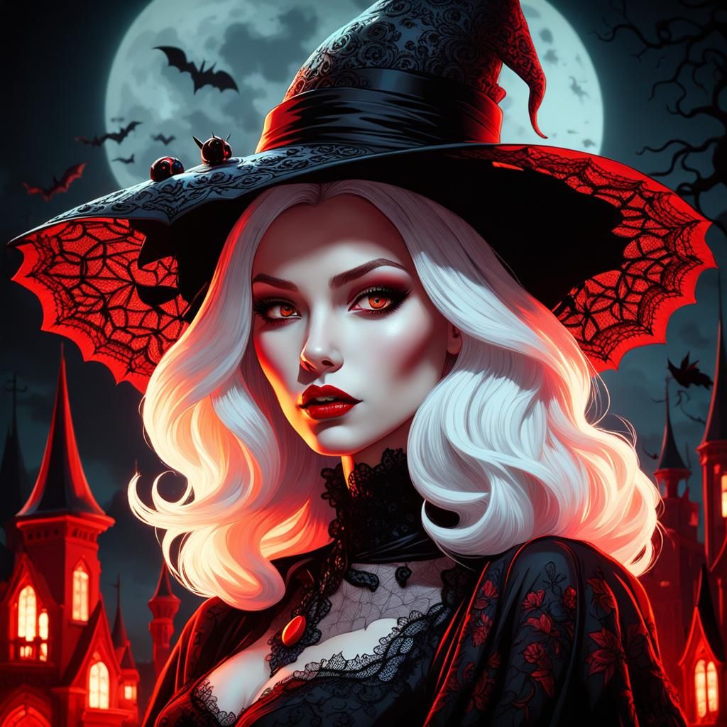Eerie Albino Witch with Black Cat, Gothic Art
