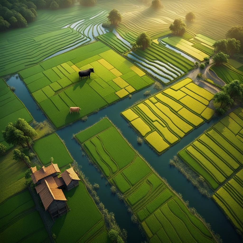 Rice Fields Top View Detailed Matte Painting