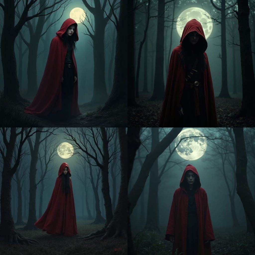 Sonata in Red Hood Under Moonlight in Dark Forest
