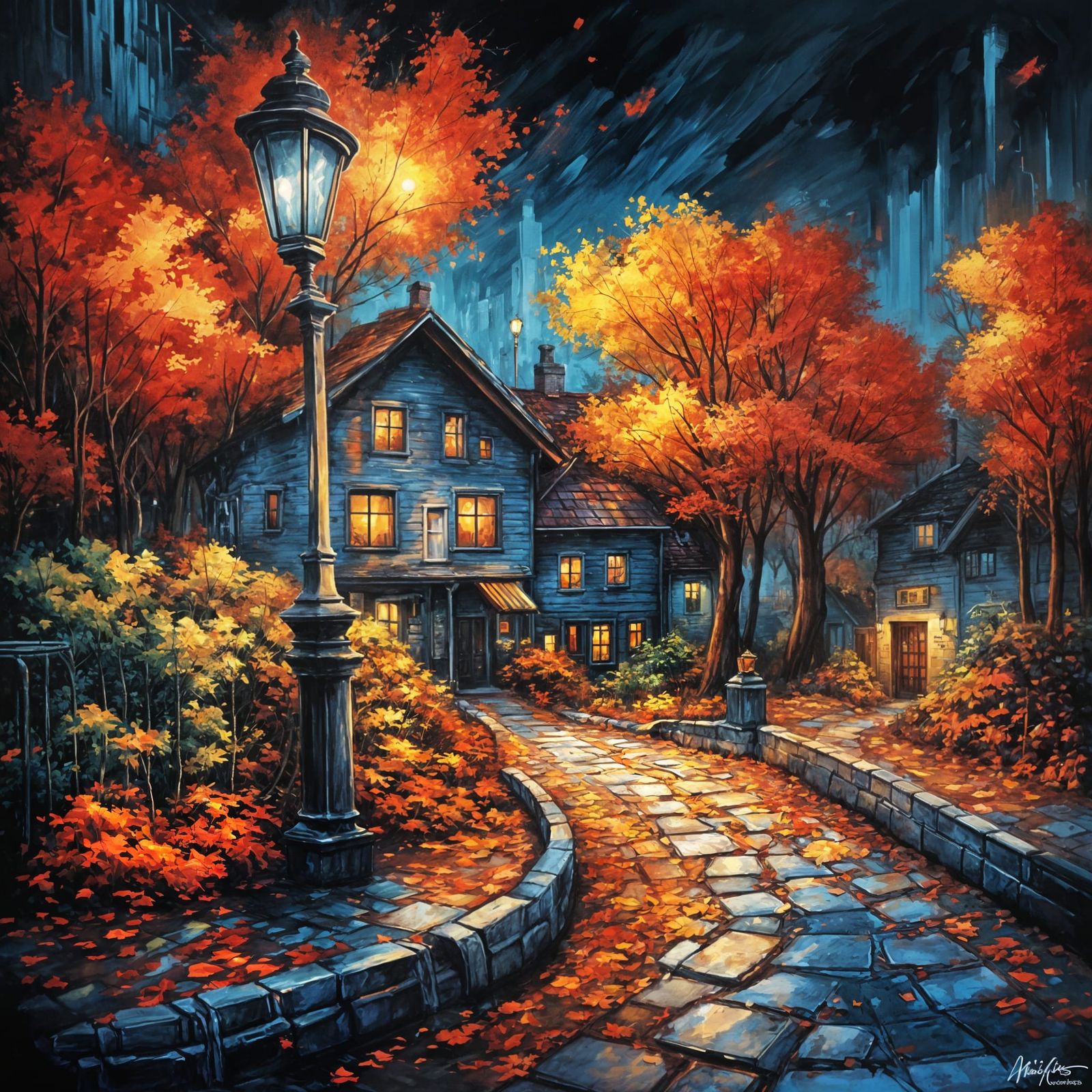 Enchanting Autumn Village with Radiant Trees and Cozy House