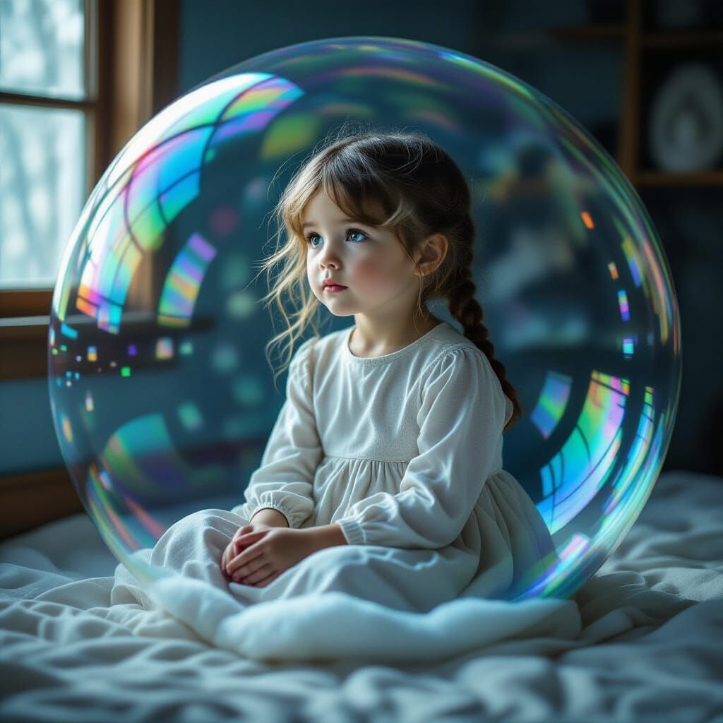 Girl in Soap Bubble: Hyperrealistic Atmospheric Image