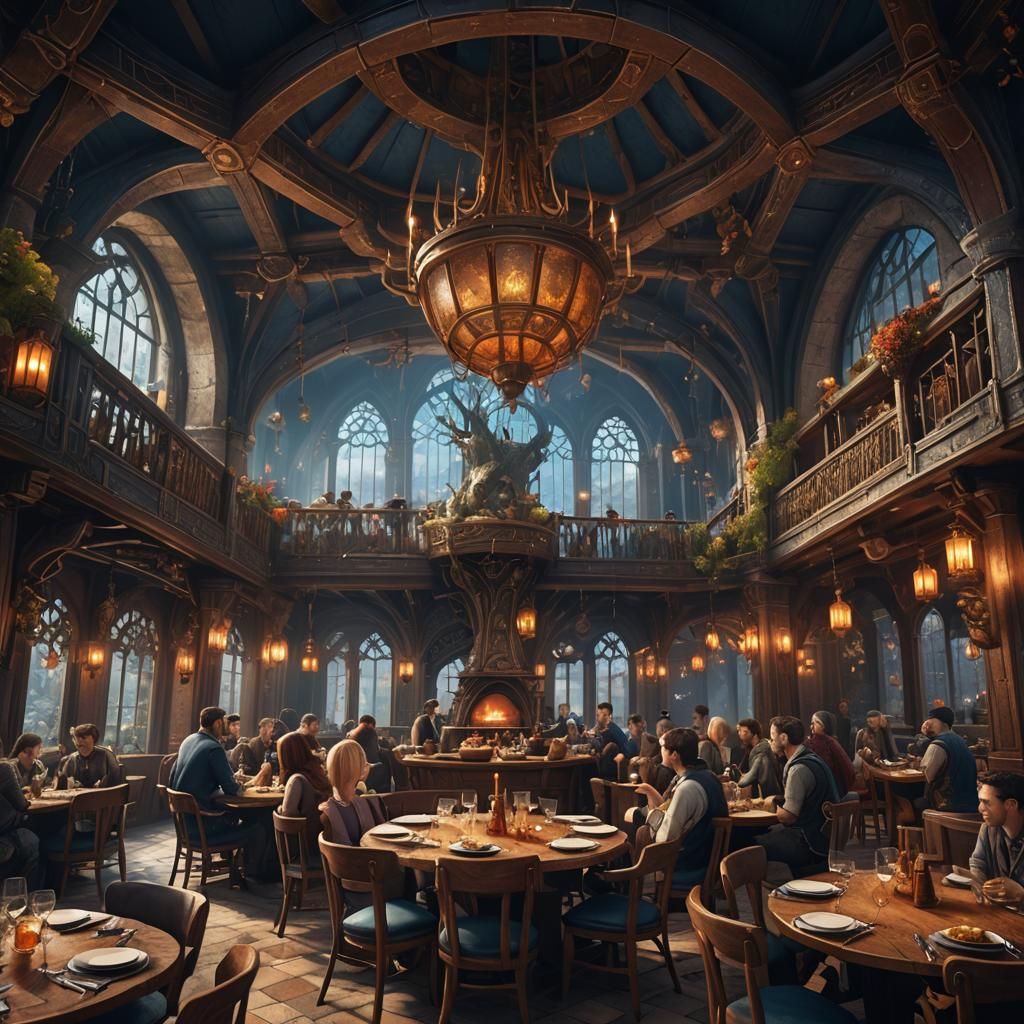 A table in a fantasy restaurant with seven people eating on it