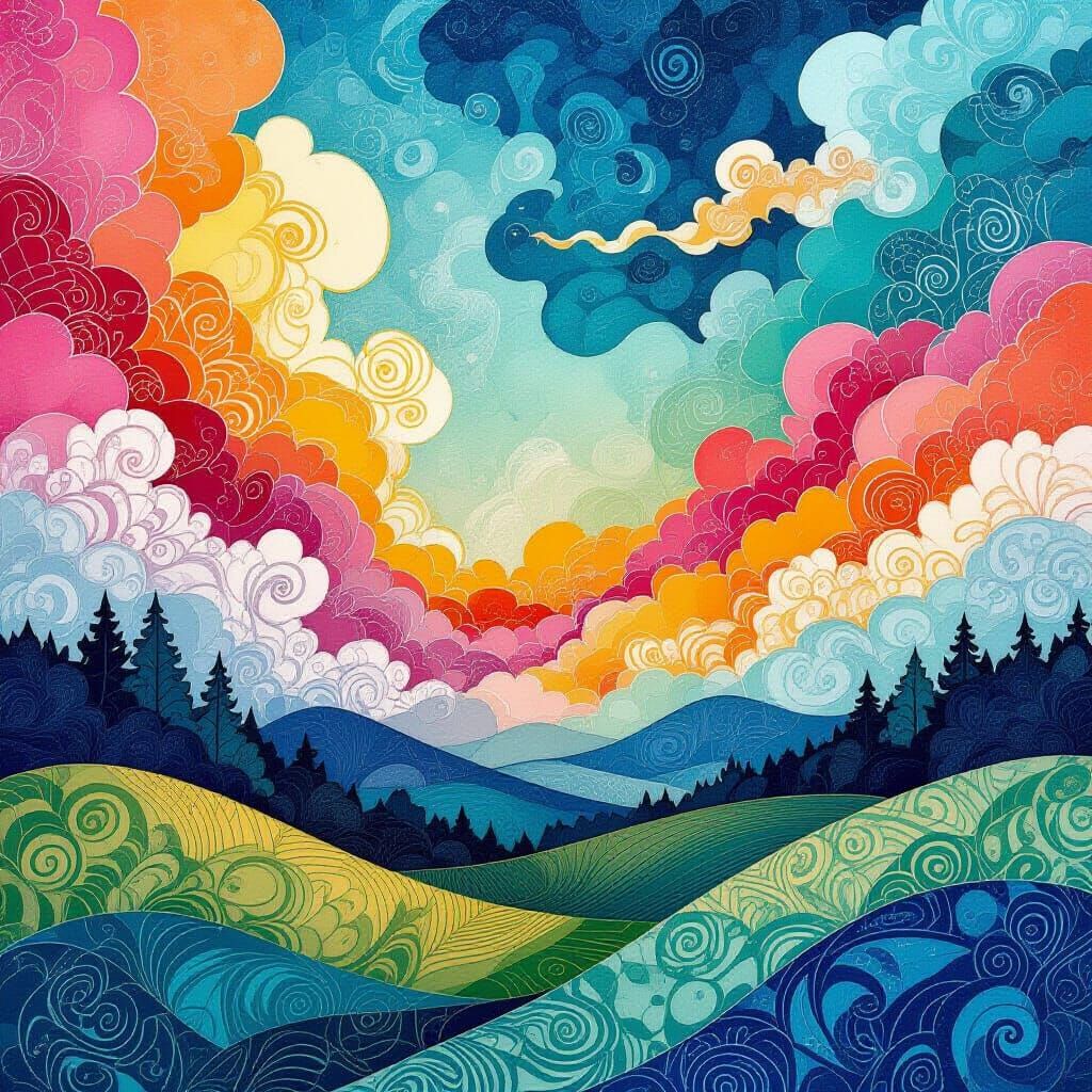 Zentangle Landscape with Alcohol-Ink Clouds