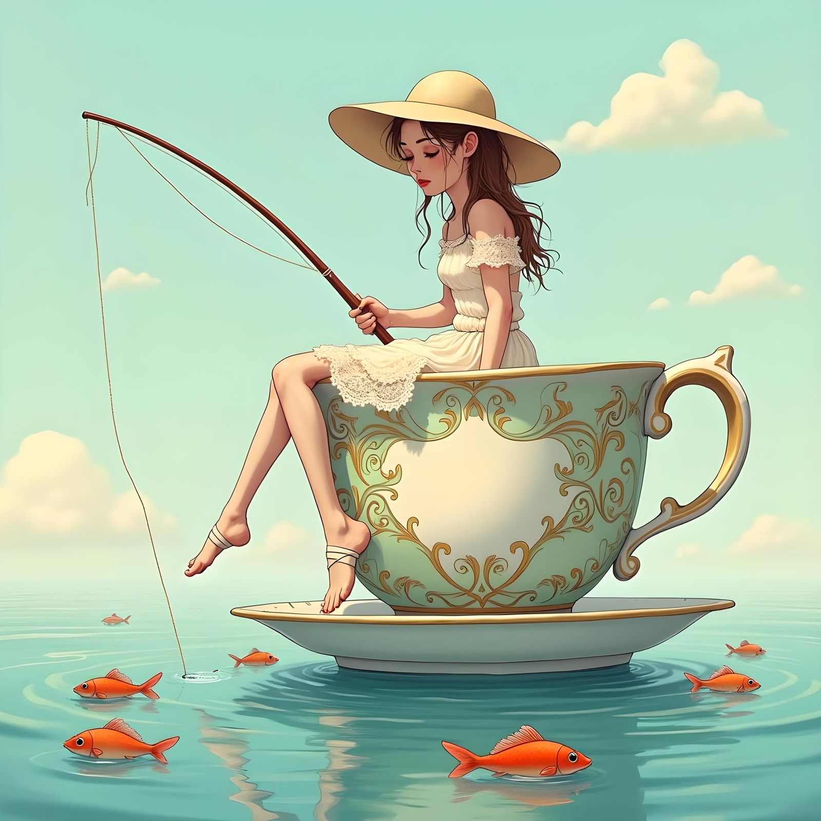 Cartoon Character Fishing From a Teacup