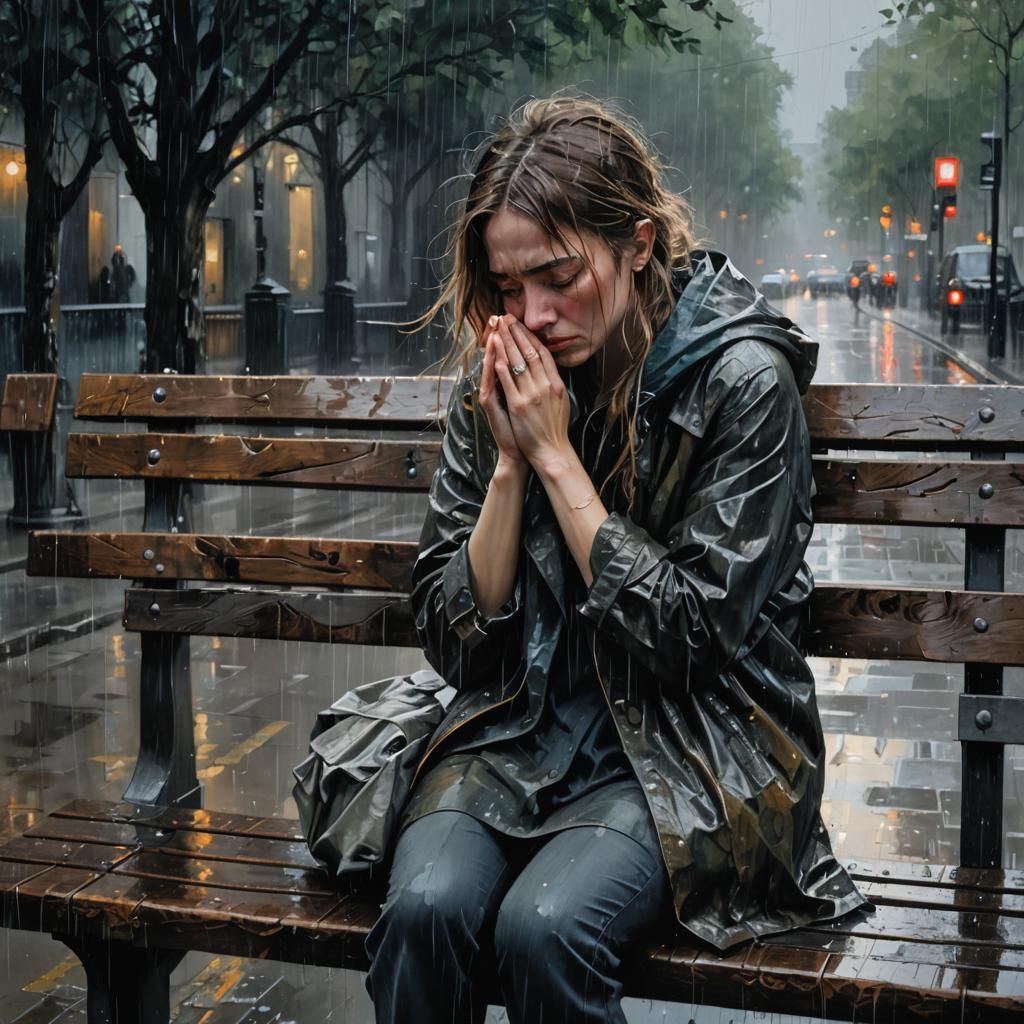 Woman Crying in Rain: Moody Alcohol Ink Art