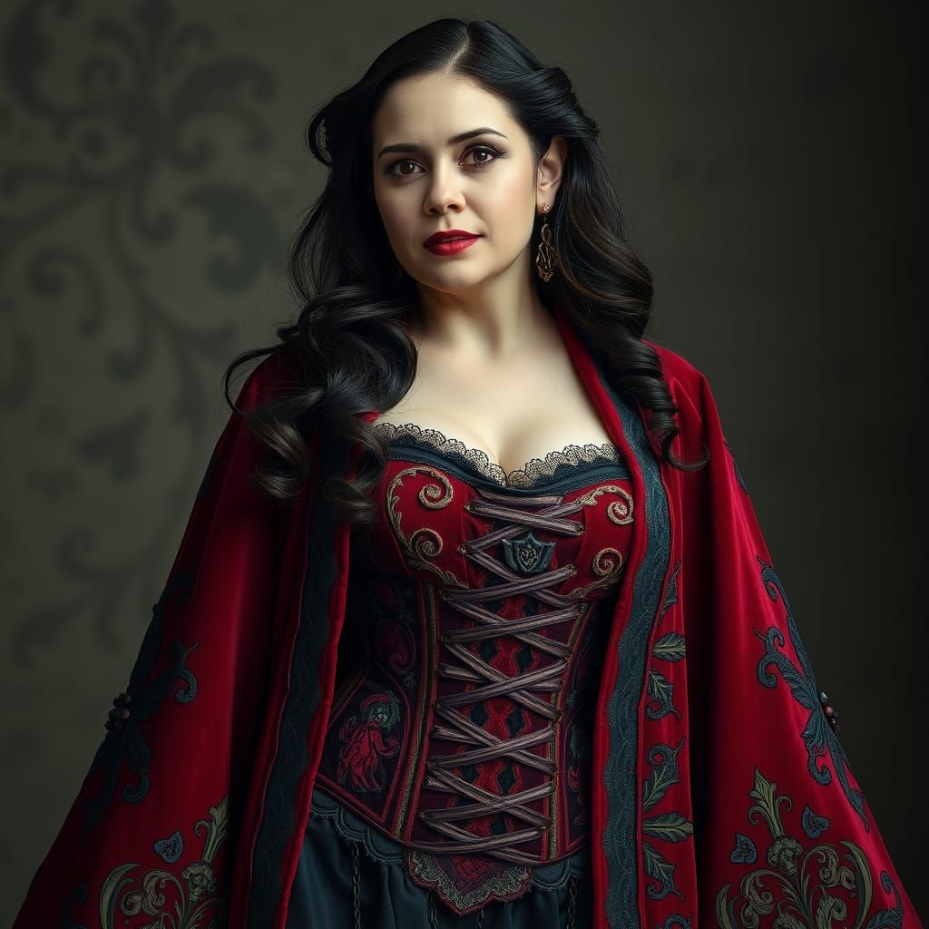 Mature, curvy features, dressed in a vibrant, Vermilion Cinn...