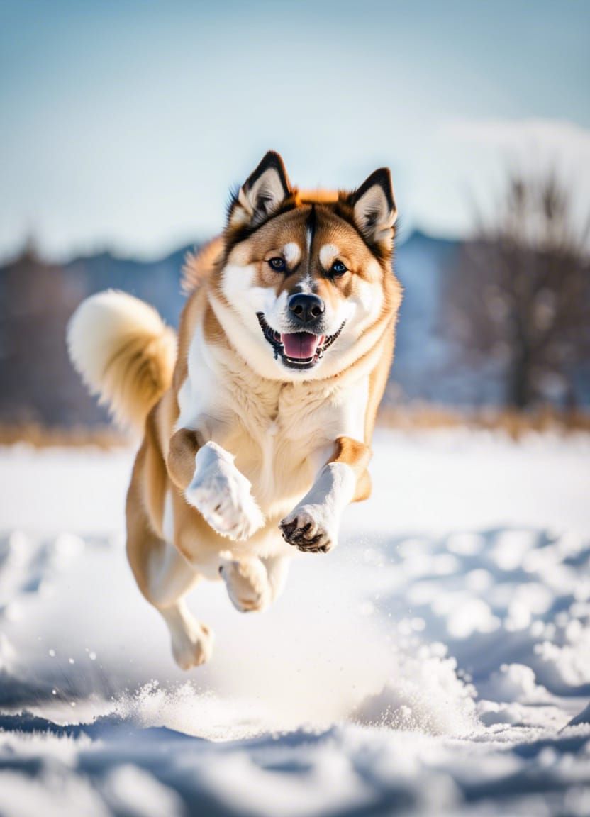Akita Dog Leaping for Frisbee in Snowy Landscape