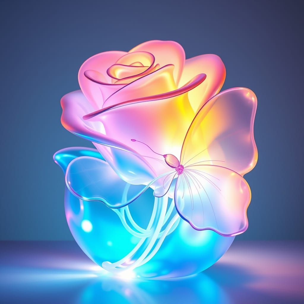 Iridescent Glass Sculpture Blending Rose and Butterfly Forms