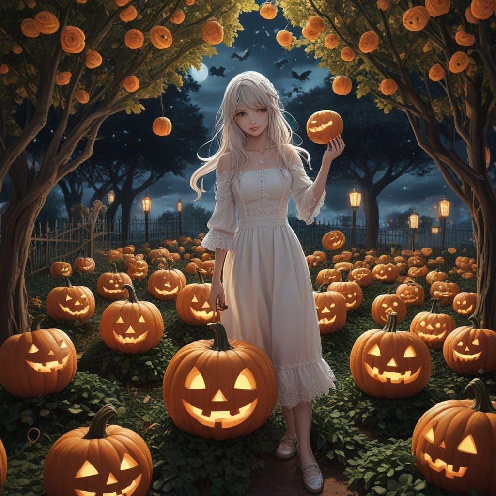 Jack O Lanterns and Ghosts in a Rose Garden
