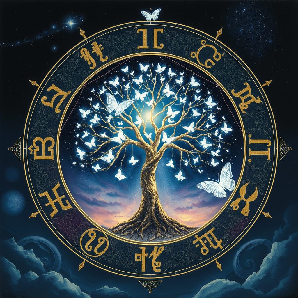 Glowing Zodiac Circle with Luminous Tree of Life and Dancing...
