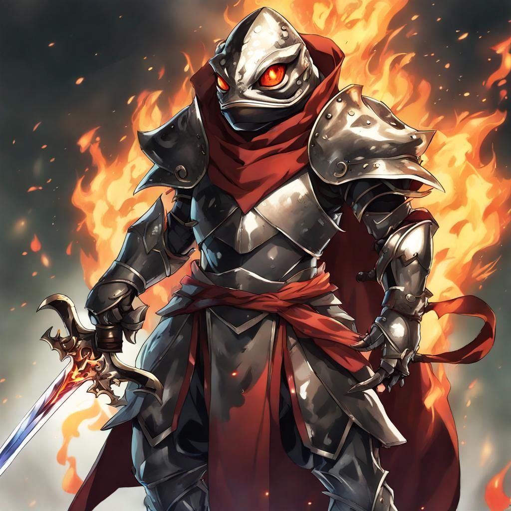 Armored Frog Warrior with Flaming Cape in Anime Style
