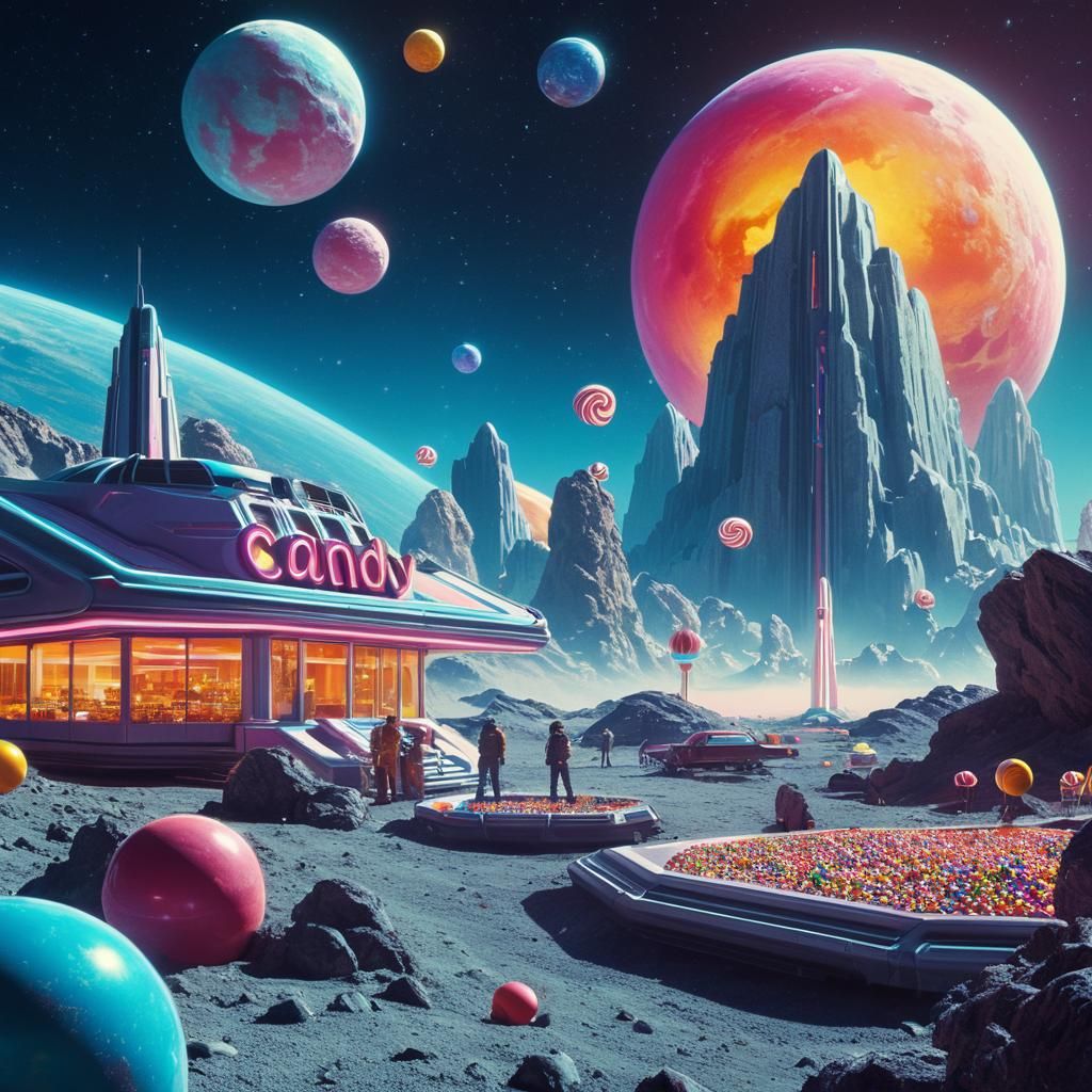 Hyperrealistic Scene from 'Candy Cosmos' Sci-Fi Movie