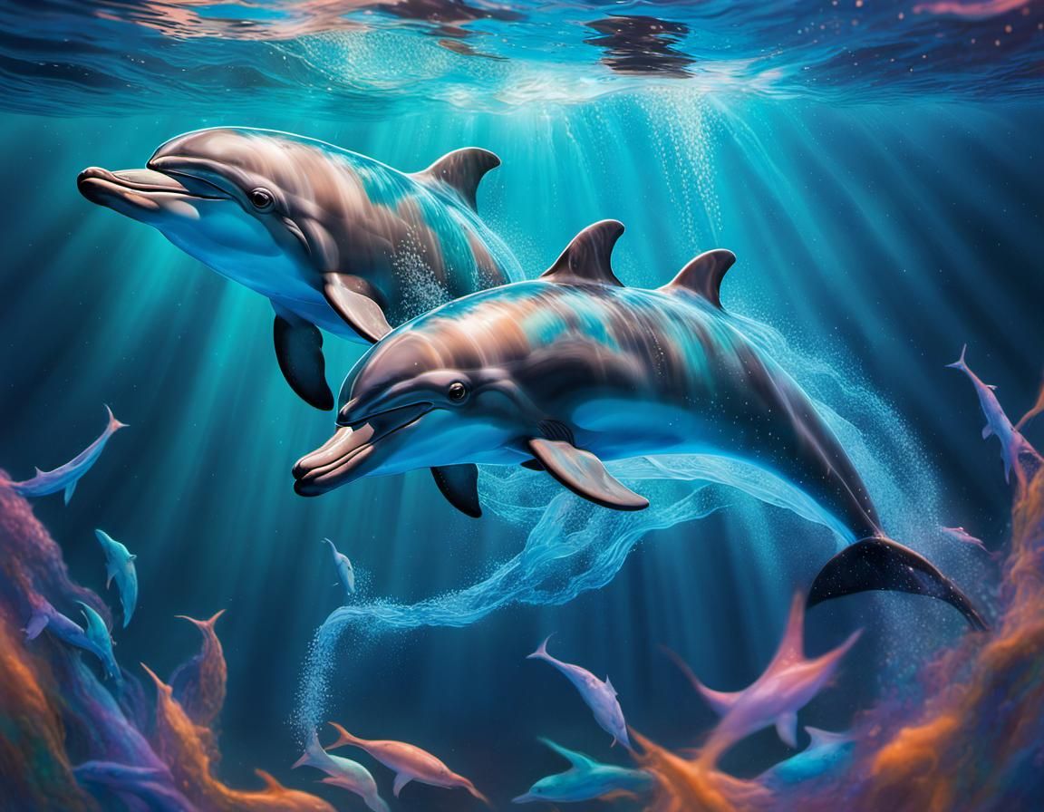 Dolphins Swimming in Bioluminescent Water, Splash Art