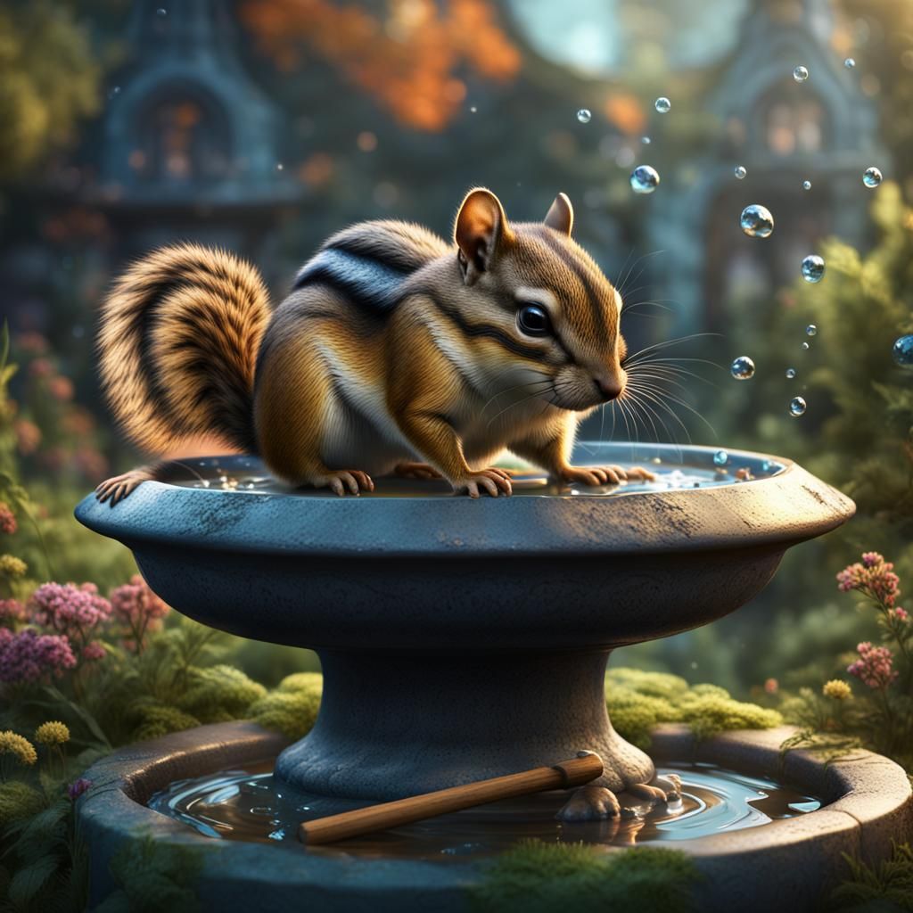 Detailed Matte Painting of Chipmunk in Birdbath