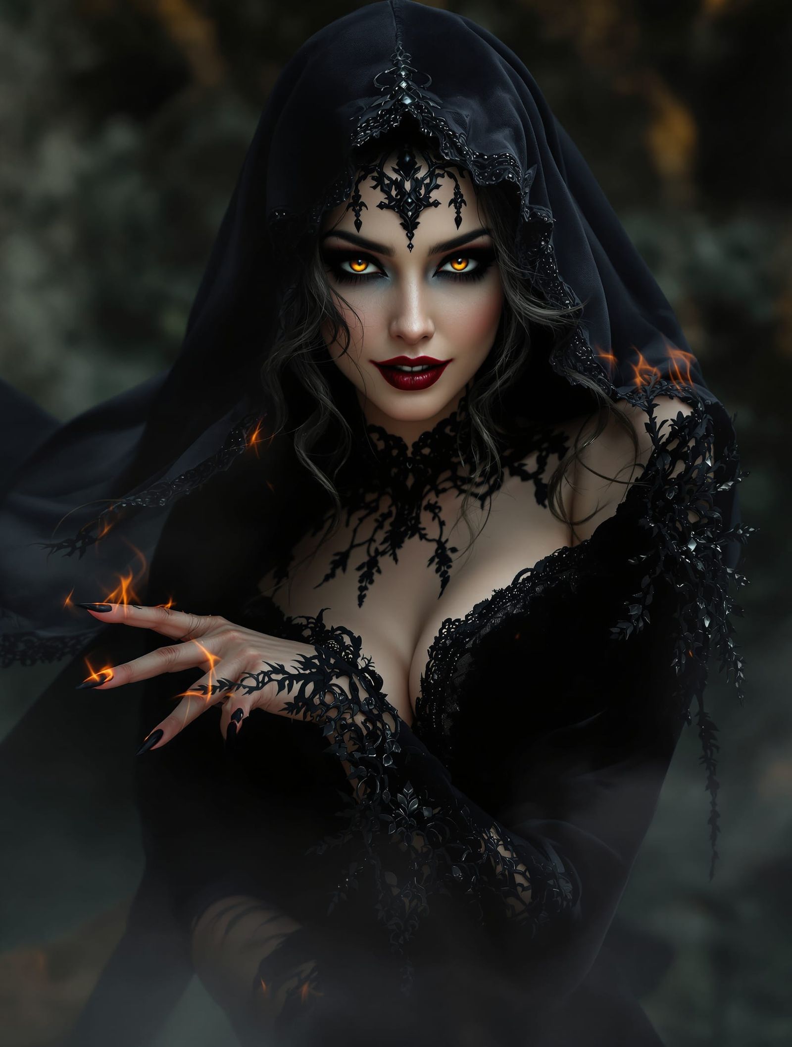 Mysterious Woman in Mist, Gothic & Fiery Hues