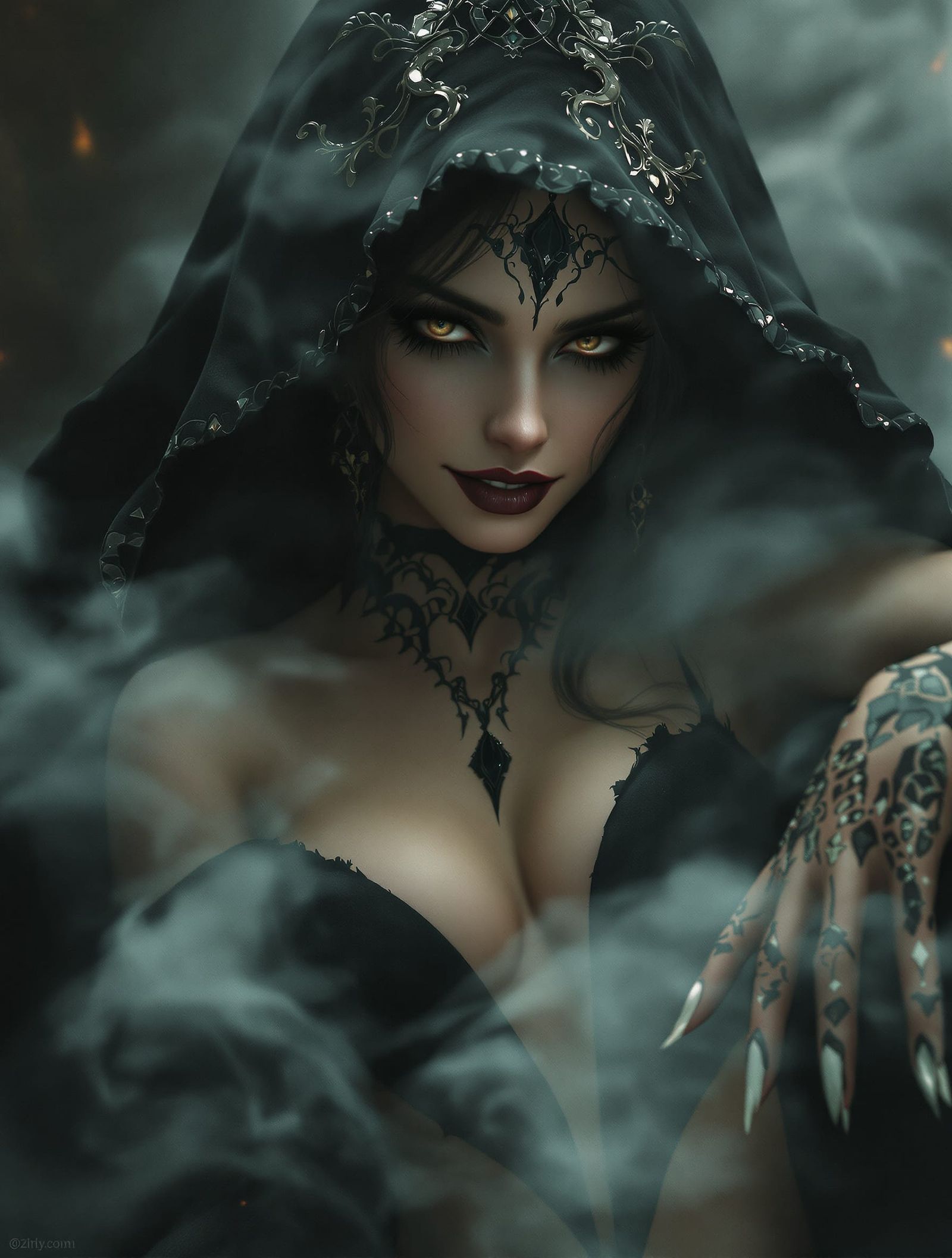 Mysterious Woman in Mist, Gothic & Fiery Hues