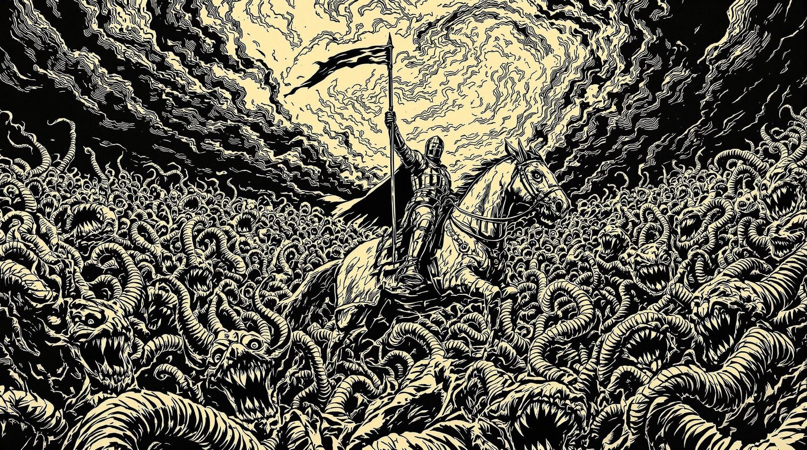 Medieval Knight Battles Twisted Demons in a Stormy Landscape