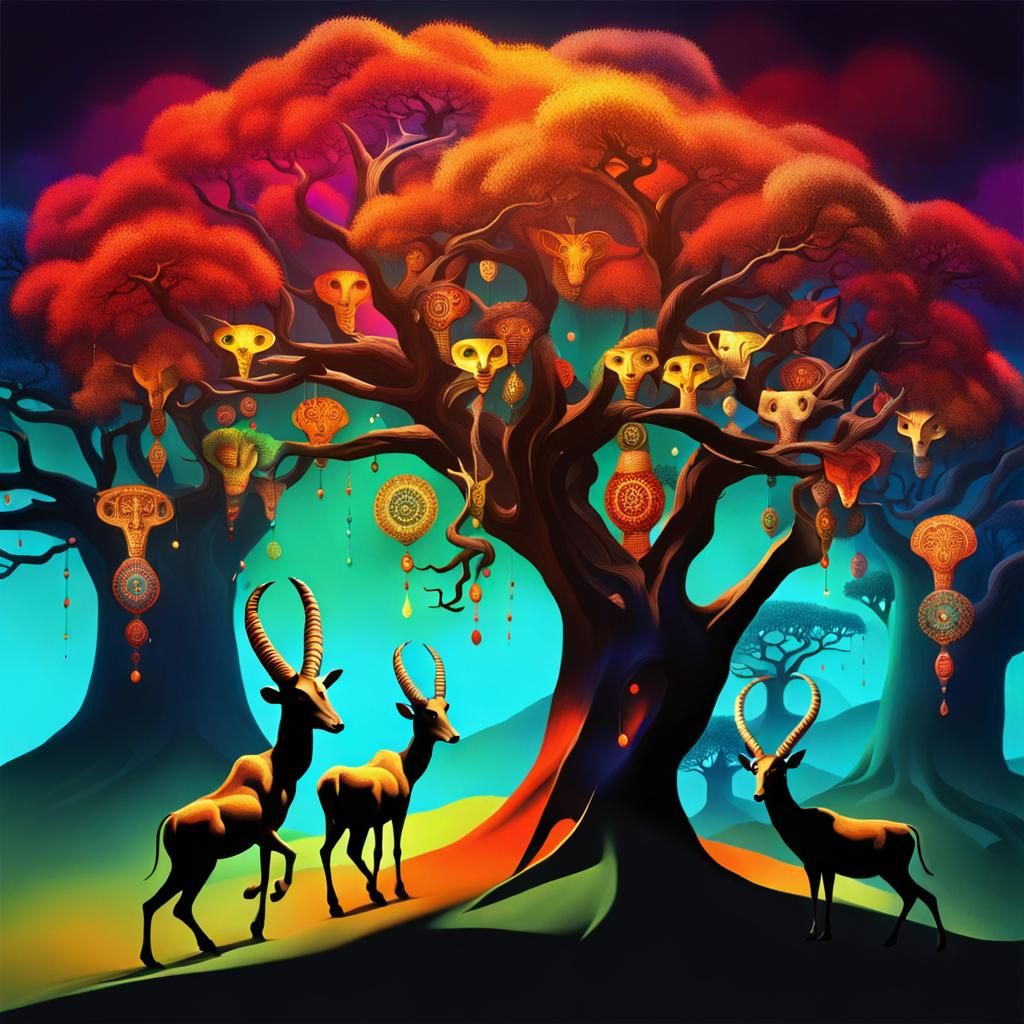 Surreal Tree with Antelope-Masked Figures