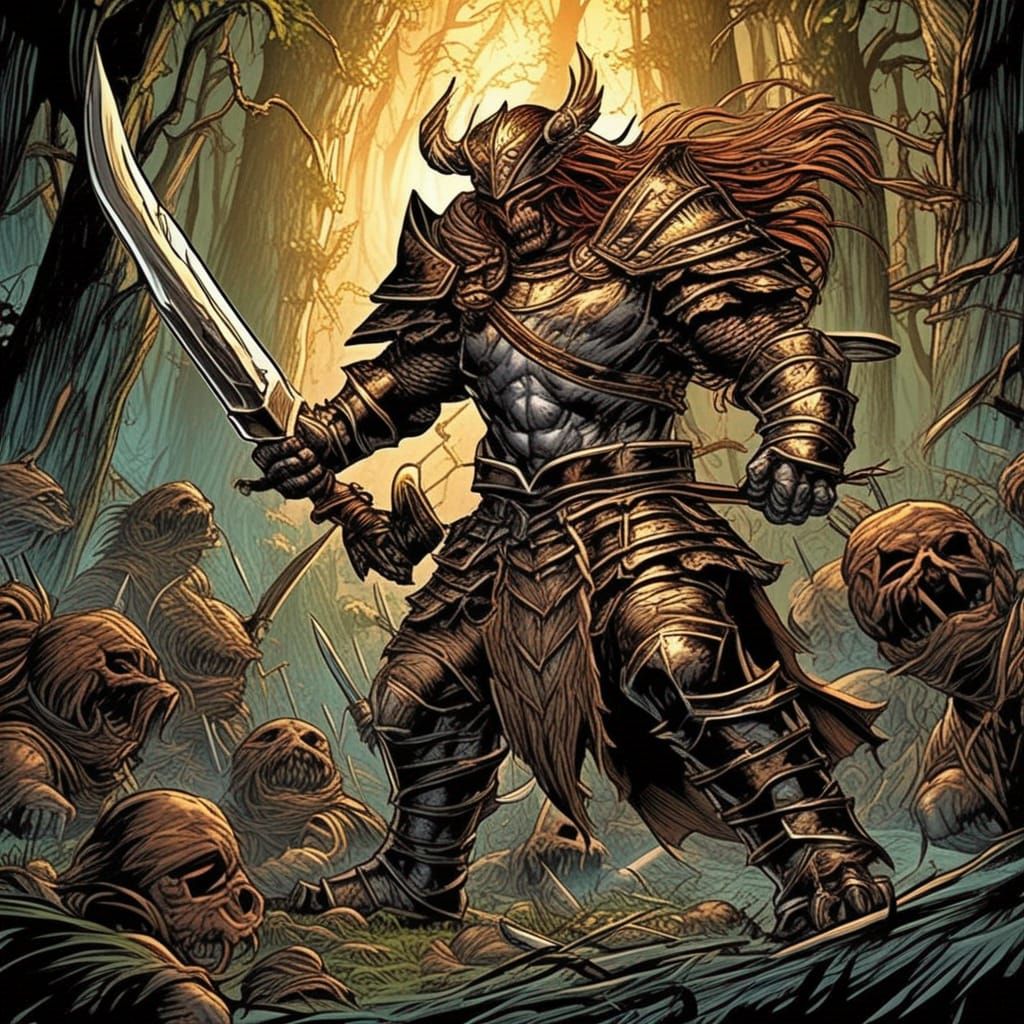 Bronze Armored Monster Slayer in Comic Book Art