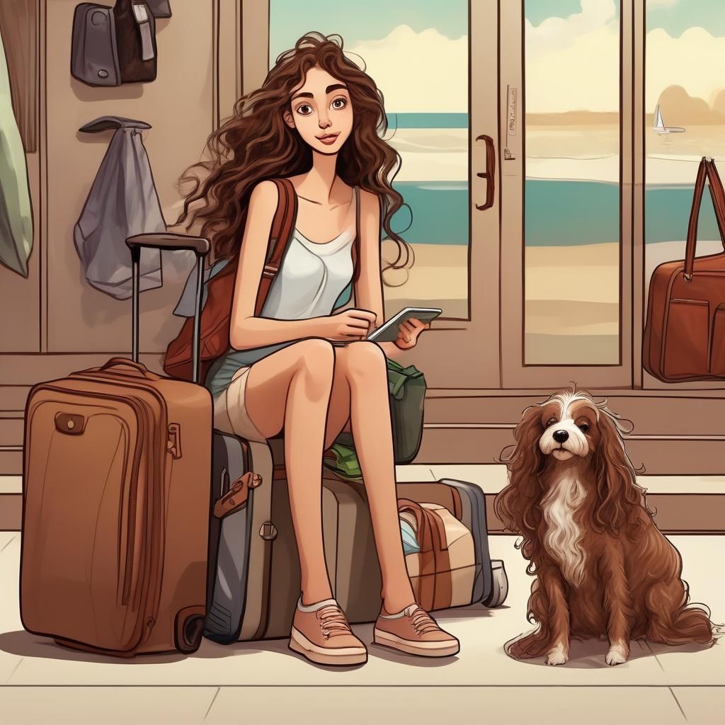 Girl Packs Luggage Watched by Dog