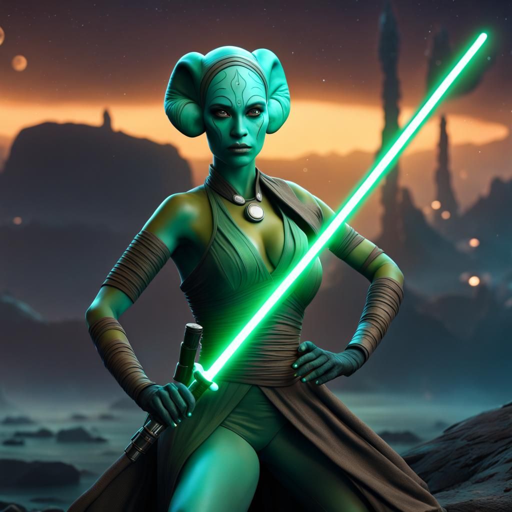 Teal Twi'lek Jedi with Lightsaber, Digital Art