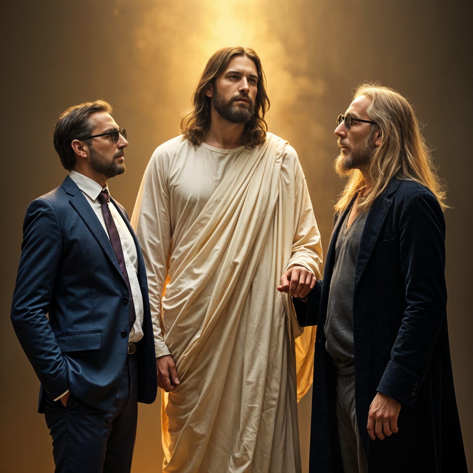 Jesus Christ in a Calm, Majestic Pose with Two Men