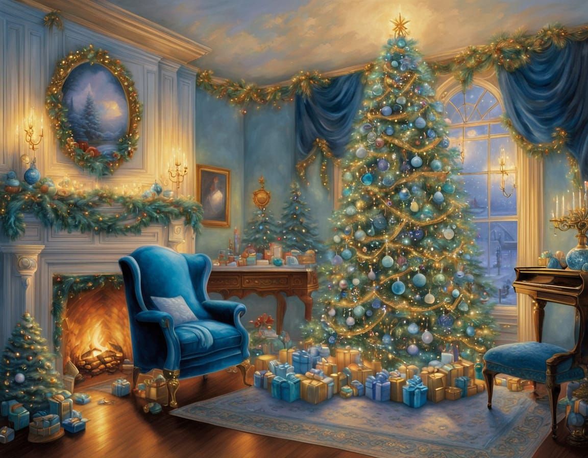 Ethereal Blue Christmas Tree by Fireplace