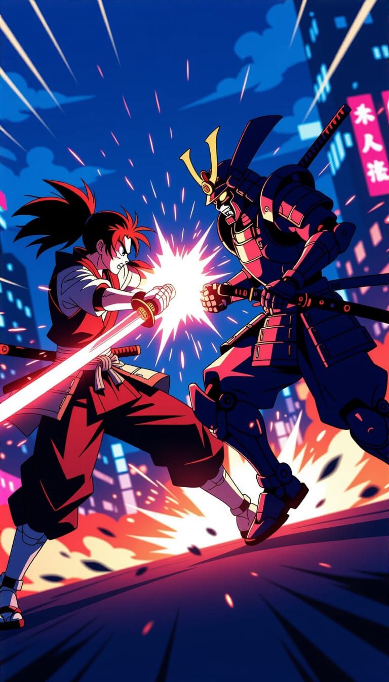 Warrior vs. Robot Samurai in Anime Action Style
