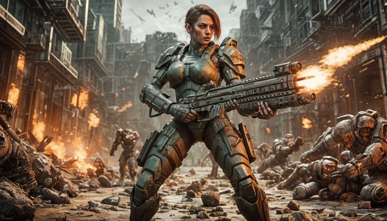 Female DoomGuy Fighting Demons in 3D Cinematic Style