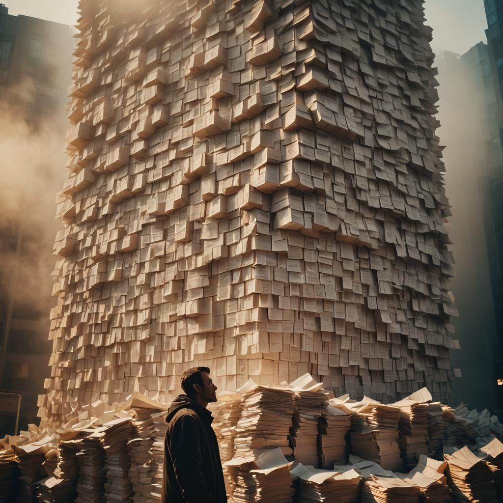 Man Overwhelmed by Towering Stack of Paper in Cinematic Film...