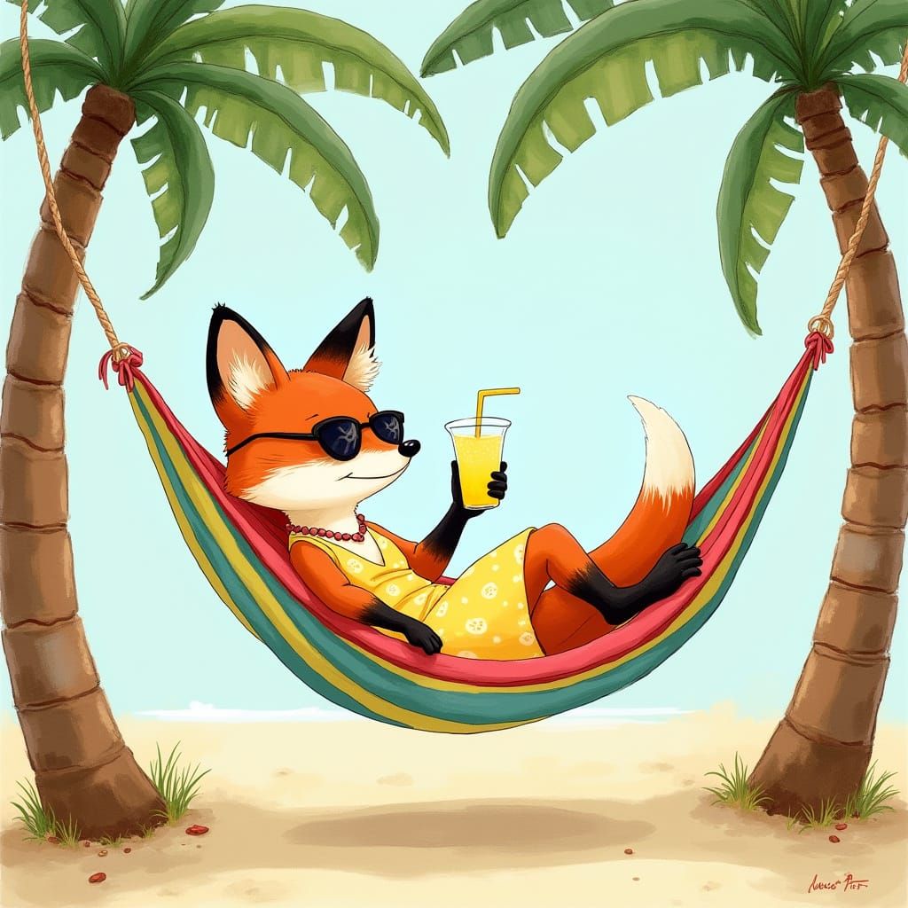 Fox in Hammock: Whimsical Watercolor Illustration