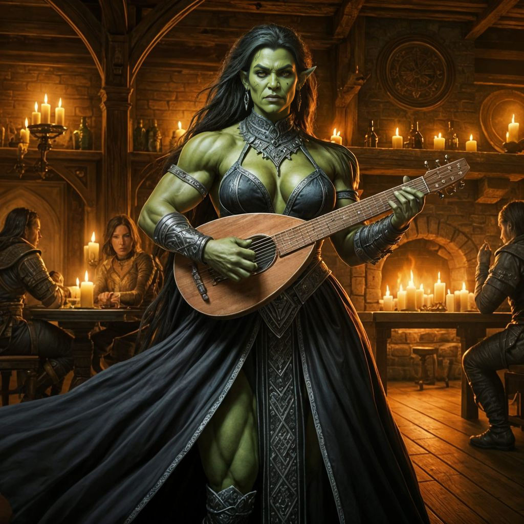 Epic Female Orc Bard in a Dark Fantasy Tavern