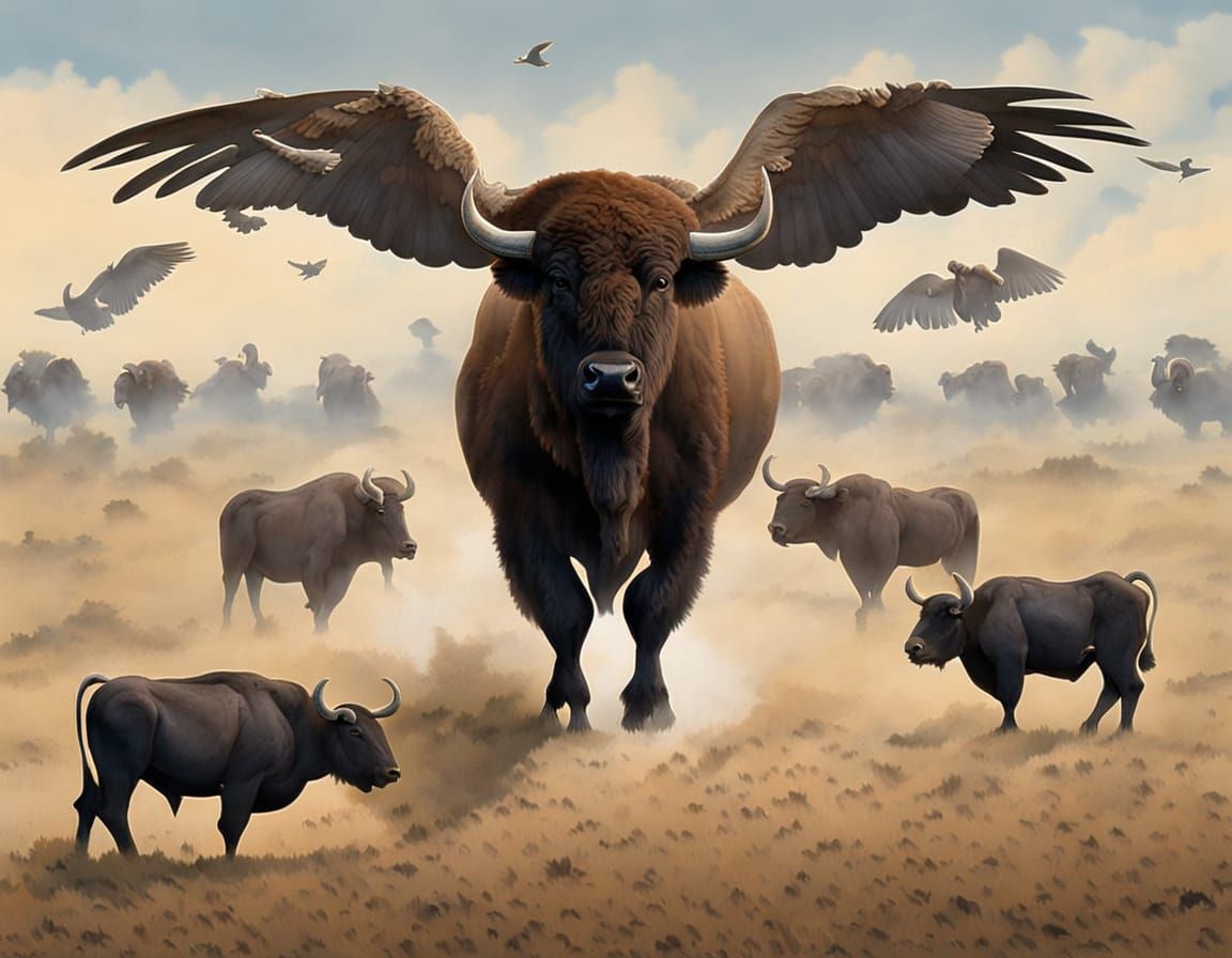 Majestic Flying Buffalo in a Prairie Landscape