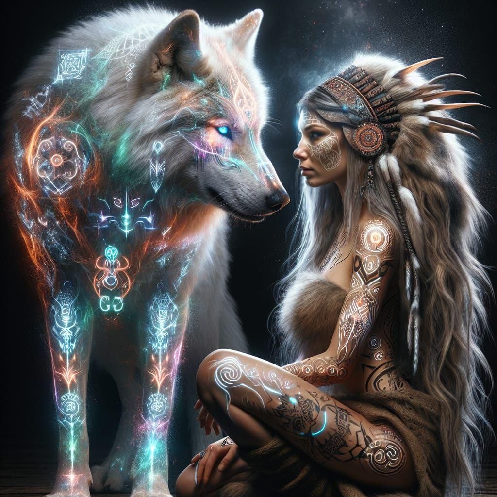 Viking Shieldmaiden and Luminous Wolf Portrait