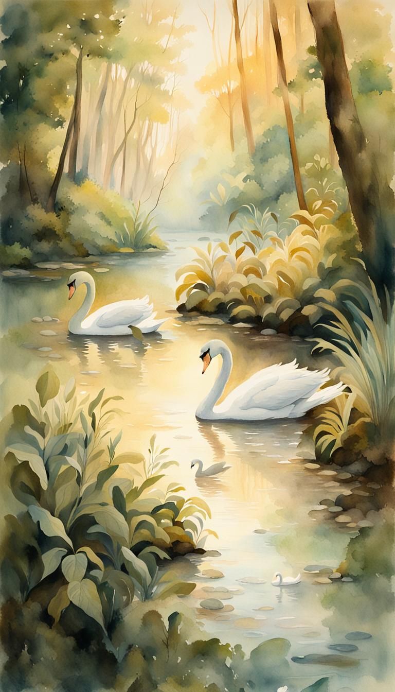 White Swan Family in Amazon Forest: Watercolor