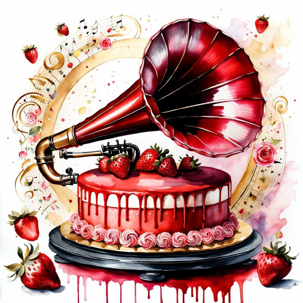 Strawberry Cake Gramophone in Watercolor Style