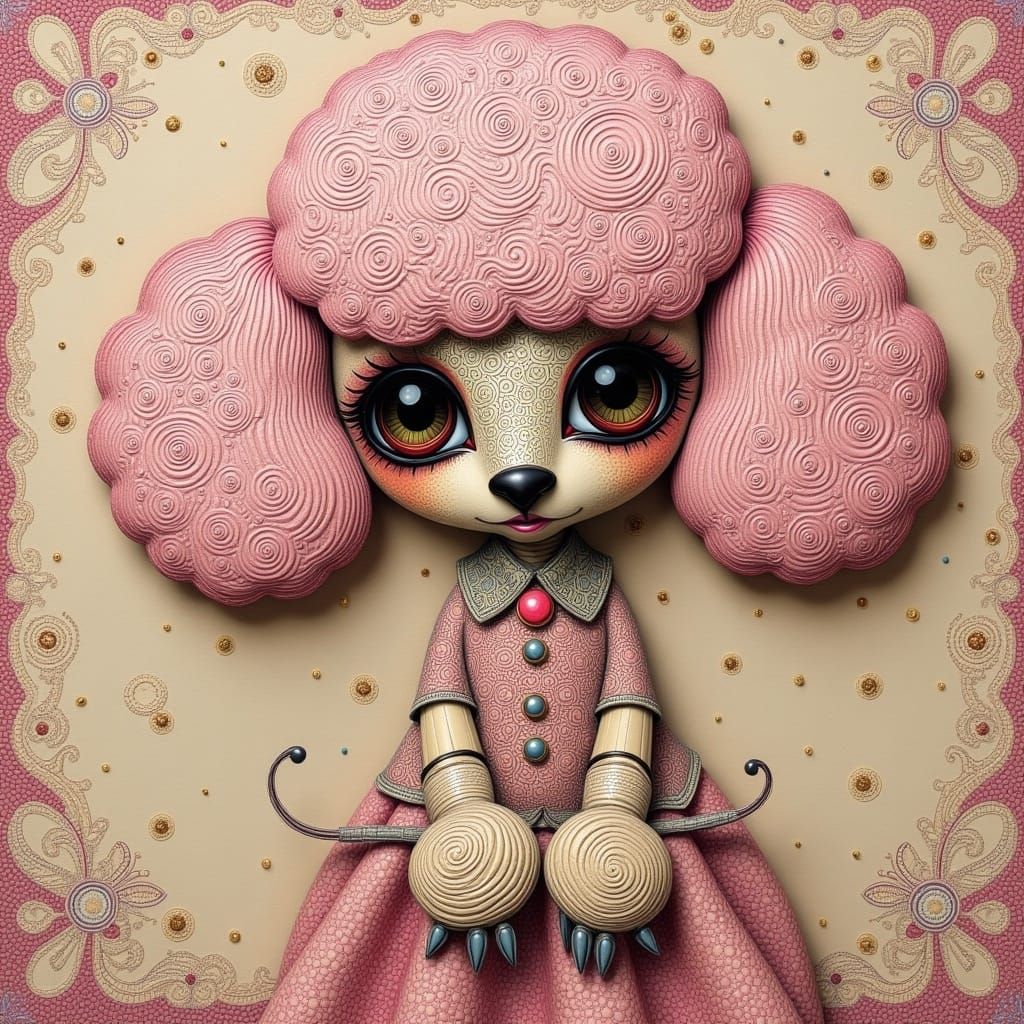 Surreal Whimsical Poodle in Folk-Art Style