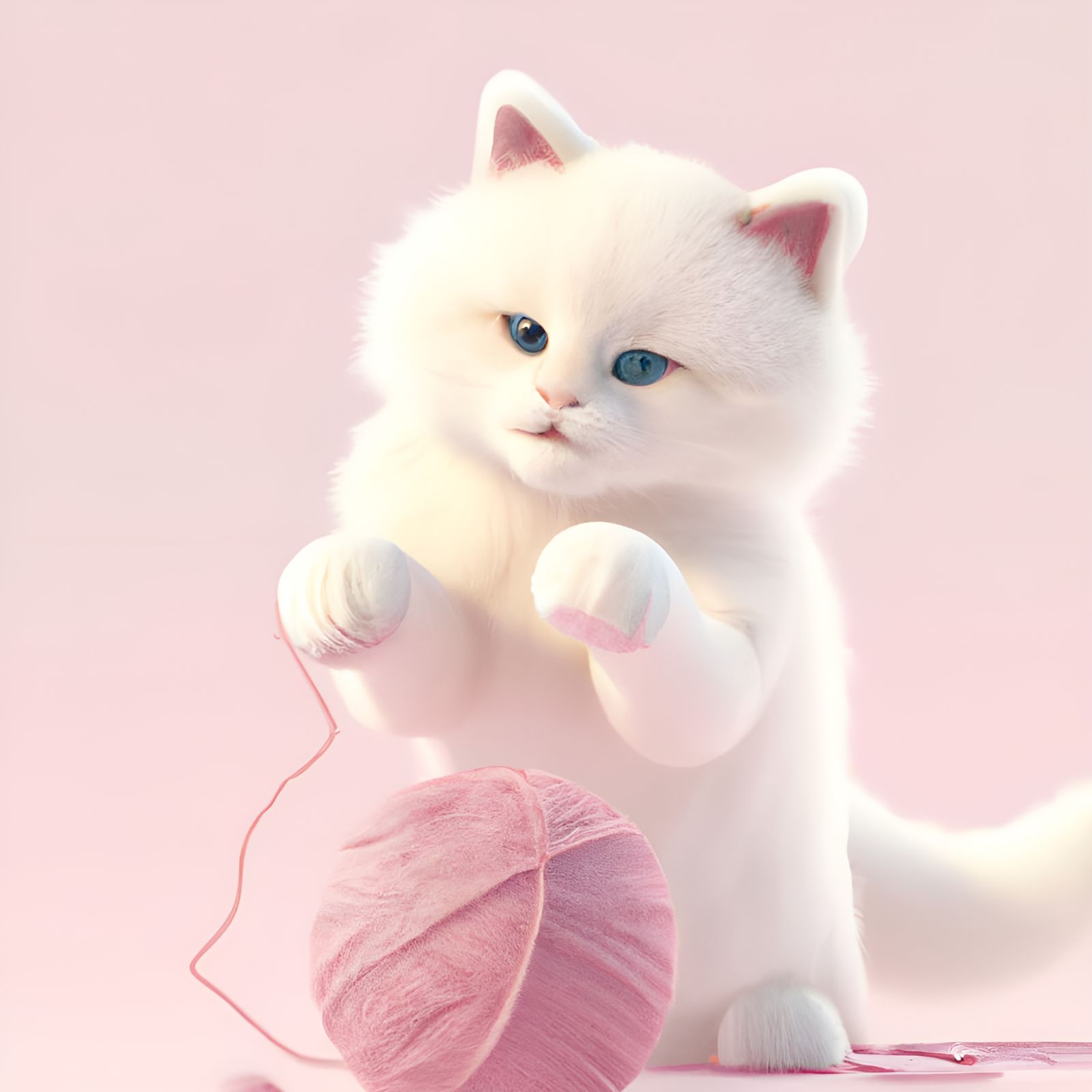 Fluffy Kitten Plays with Yarn: 3D Render