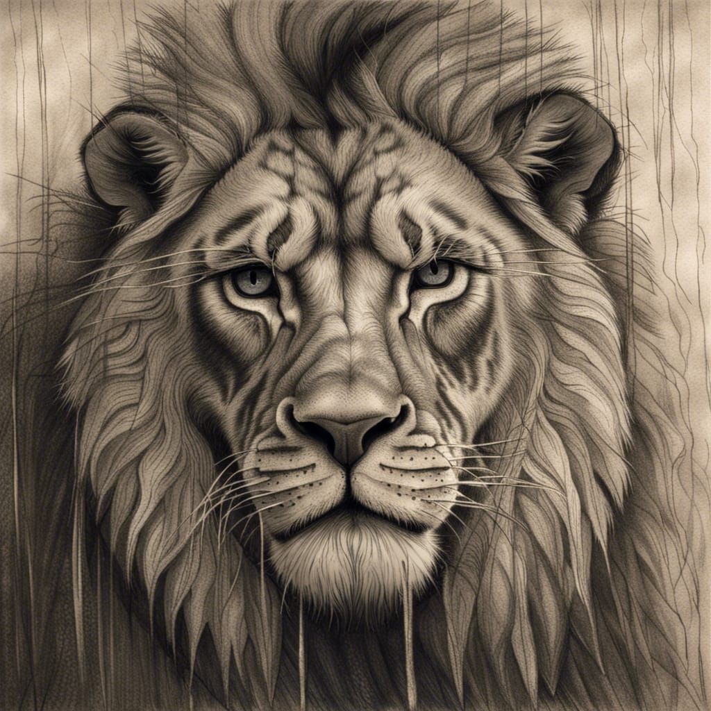 Hyperdetailed Charcoal Drawing of Old Lion in Rain