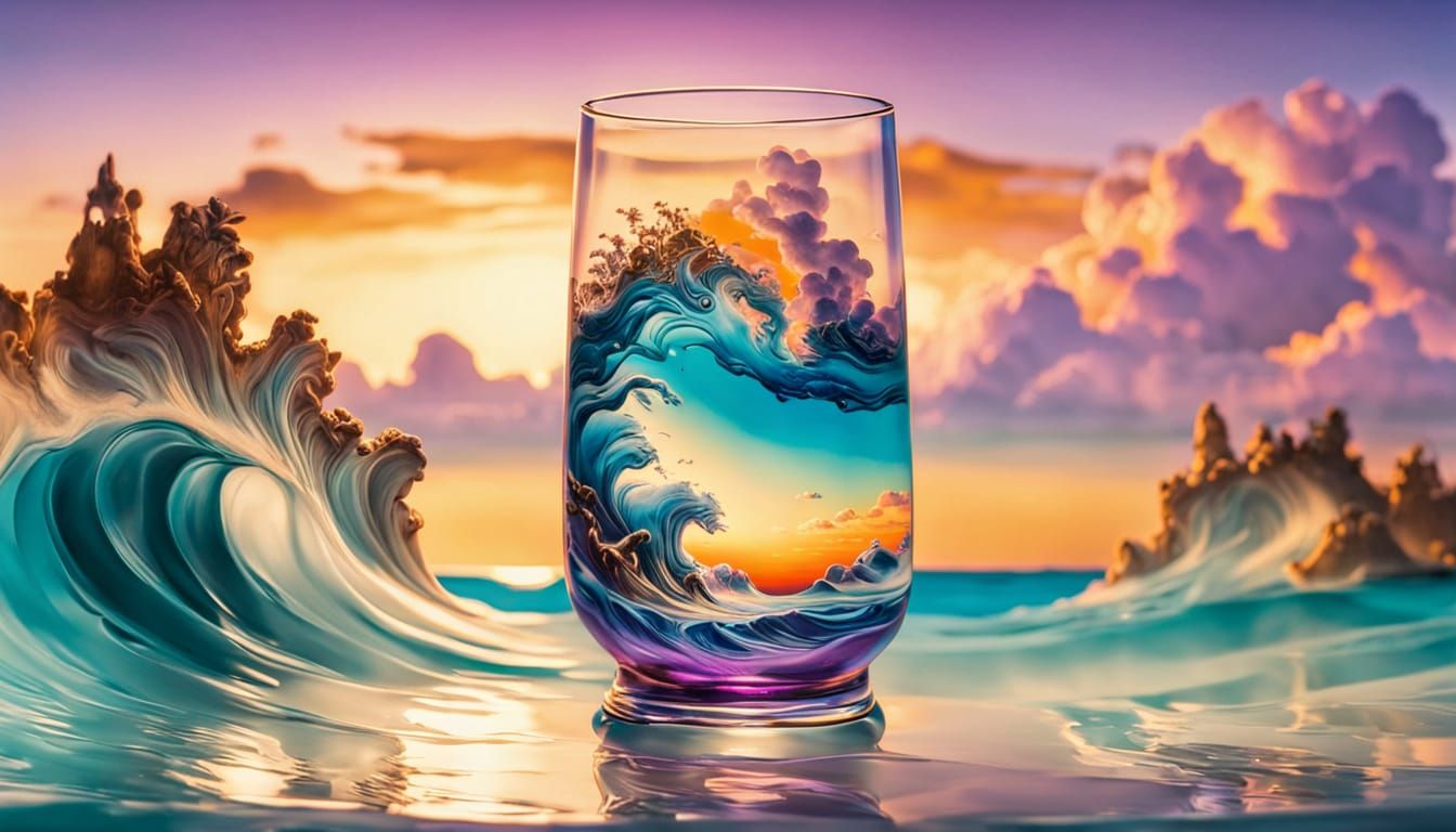 Ocean in a Glass at Sunset, Surreal Dreamlike Art