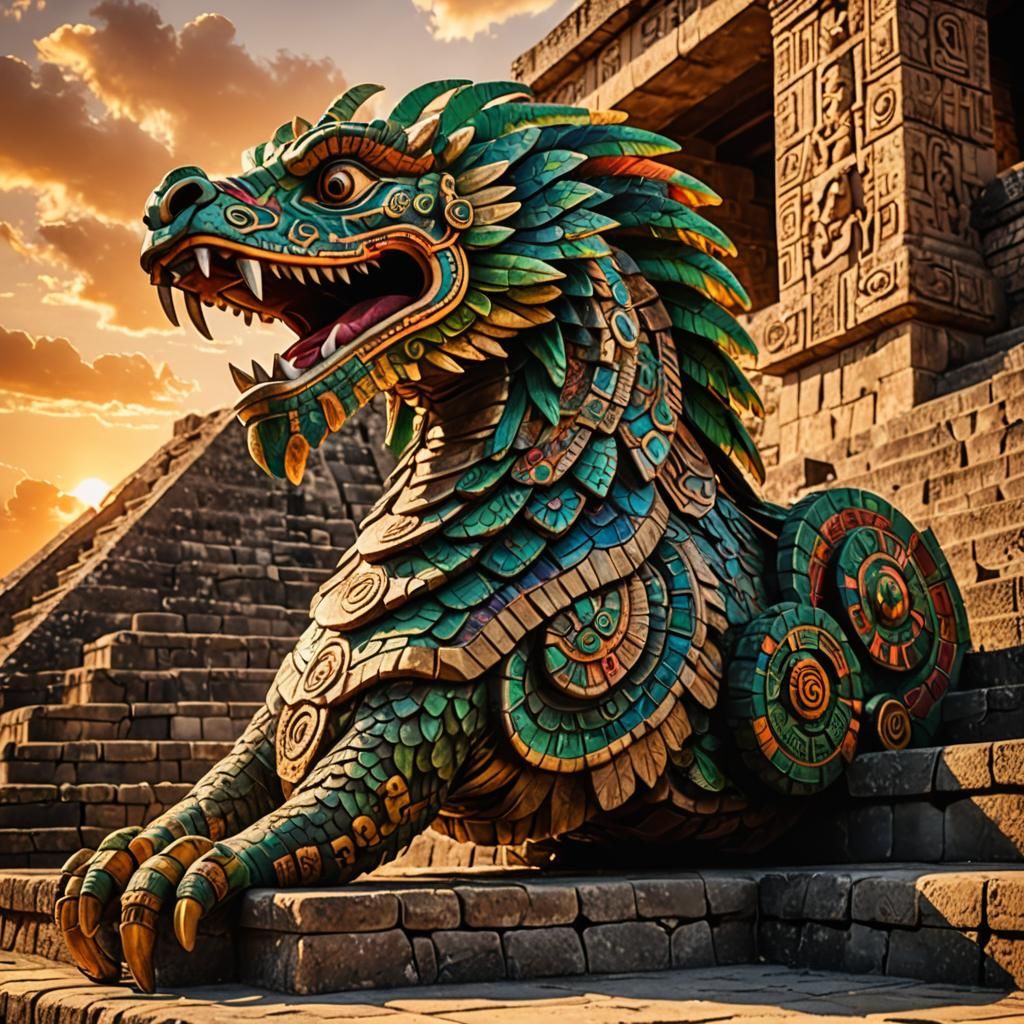 Quetzalcoatl on Aztec Pyramid in Surreal Style