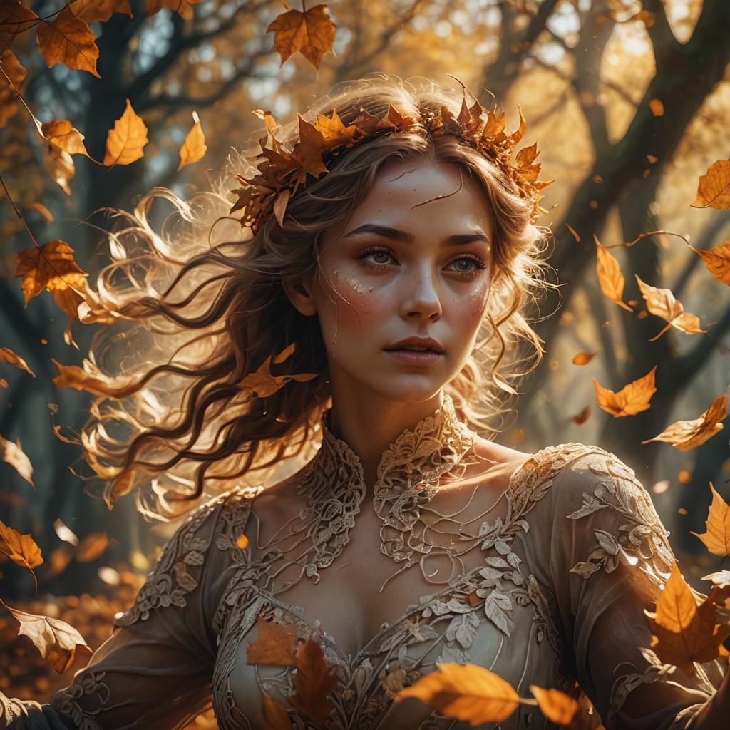 Ethereal Autumn Woman Dancing in Golden Light