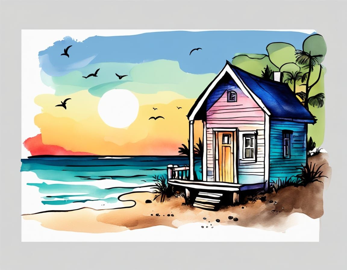 Vibrant Beachside Cottage in Whimsical Ink and Watercolor