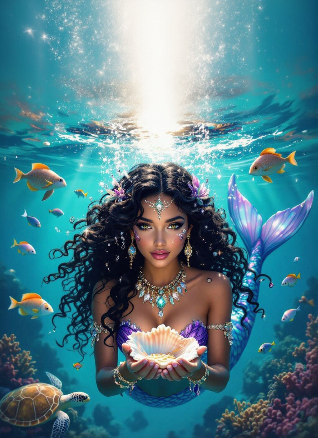 Goddess Mermaid in Turquoise Ocean, Photorealistic Style