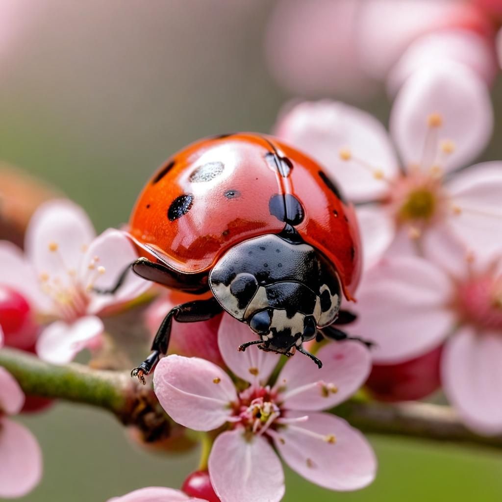 Ladybug on Cherry Blossom Macro Photograph