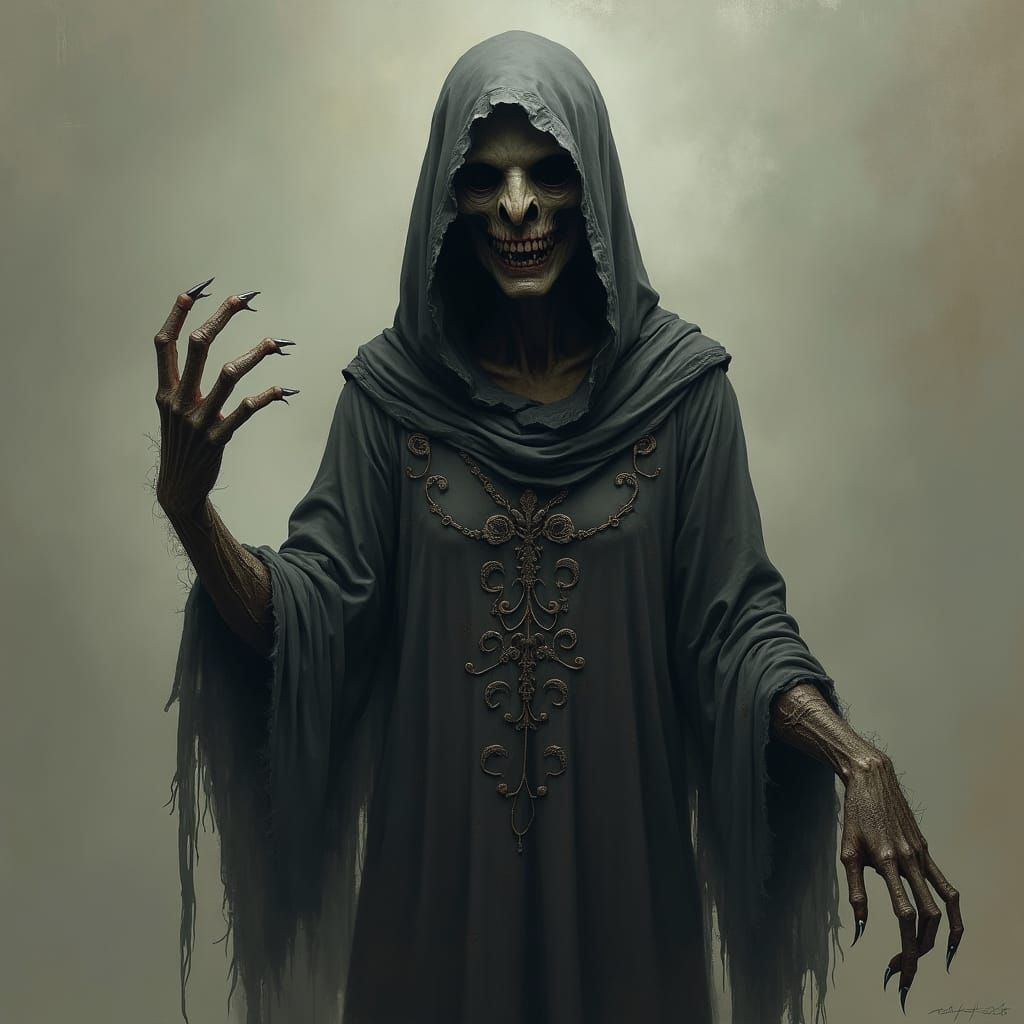 Eerie Hooded Figure in Haunting Dark Fantasy Style