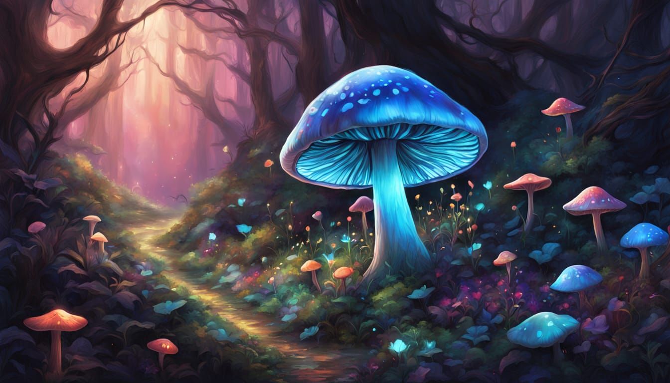 Magical Glowing Blue Mushroom With Dancing Fairies