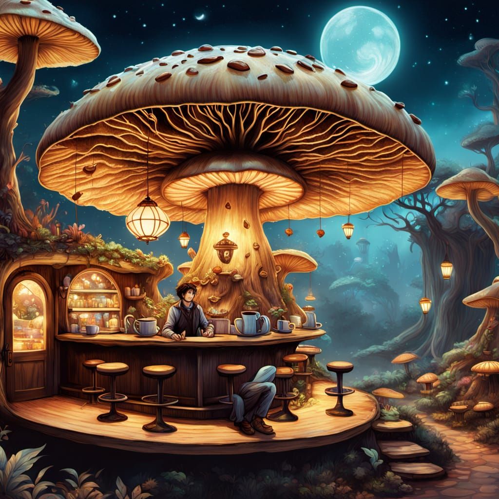 Enchanted Mushroom Cafe With Floating Lanterns